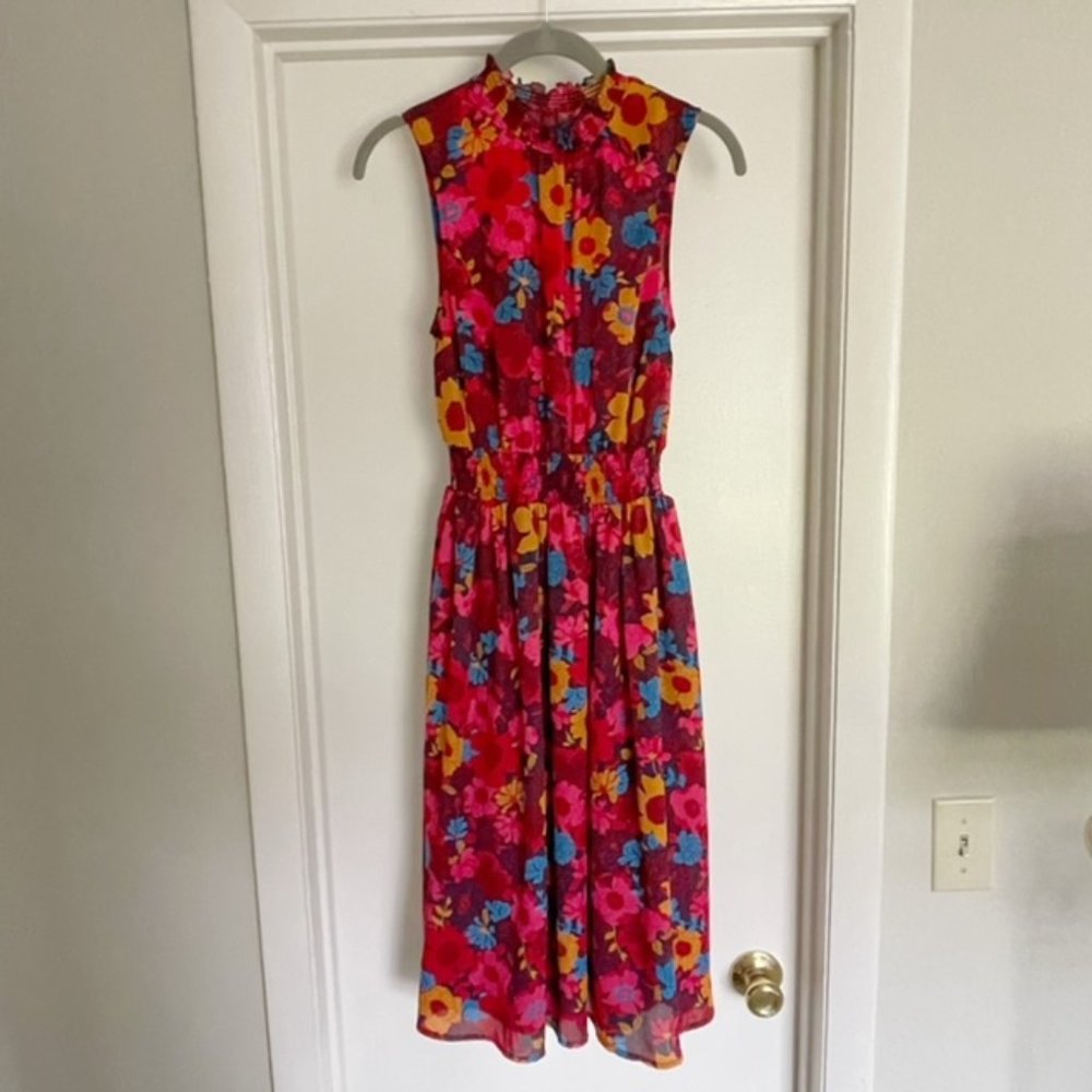 ModCloth Red Floral High Neck Ruffle Midi Dress, XSmall